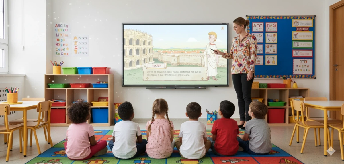 Aula con profesora y niños